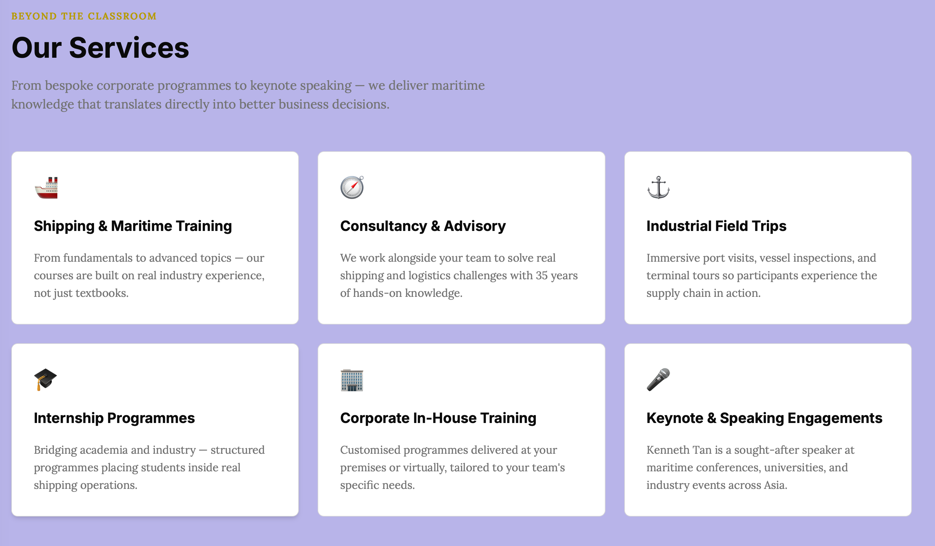 TSA Our Services — Shipping & Maritime Training, Consultancy & Advisory, Industrial Field Trips, Internship Programmes, Corporate In-House Training, Keynote & Speaking Engagements