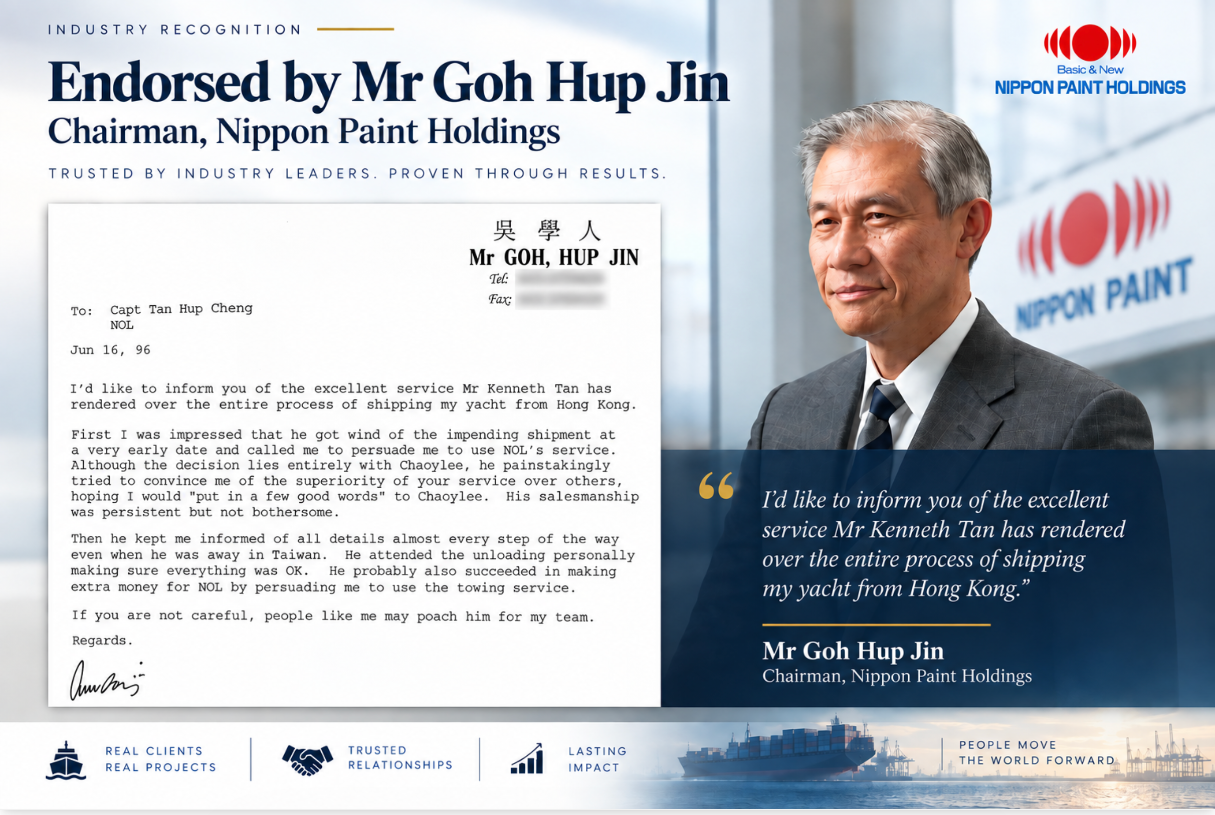 Commendation letter from Goh Hup Jin, Chairman of Nippon Paint Holdings, endorsing Kenneth Tan's exceptional service and salesmanship