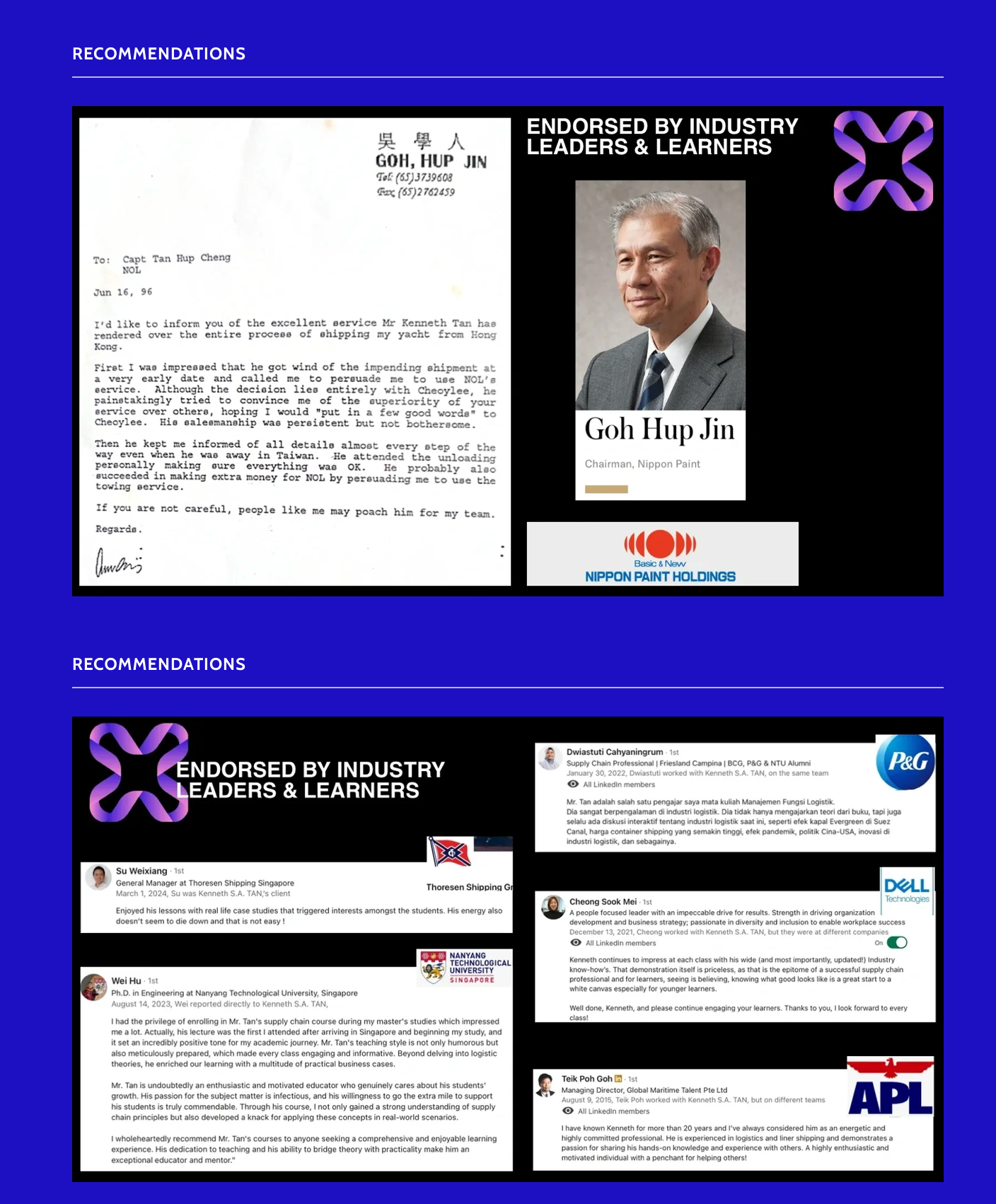 Endorsements from industry leaders and learners including Goh Hup Jin (Nippon Paint), LinkedIn recommendations from NTU, P&G, Dell Technologies and APL