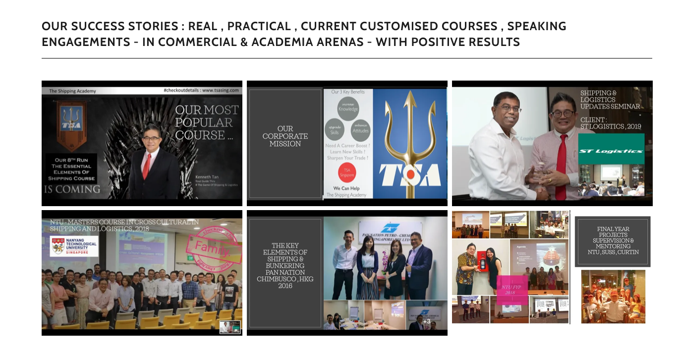TSA success stories — course engagements with NTU, Pan Nation Chimbusco, ST Logistics, POSH, SMF and SUSS across commercial and academic sectors