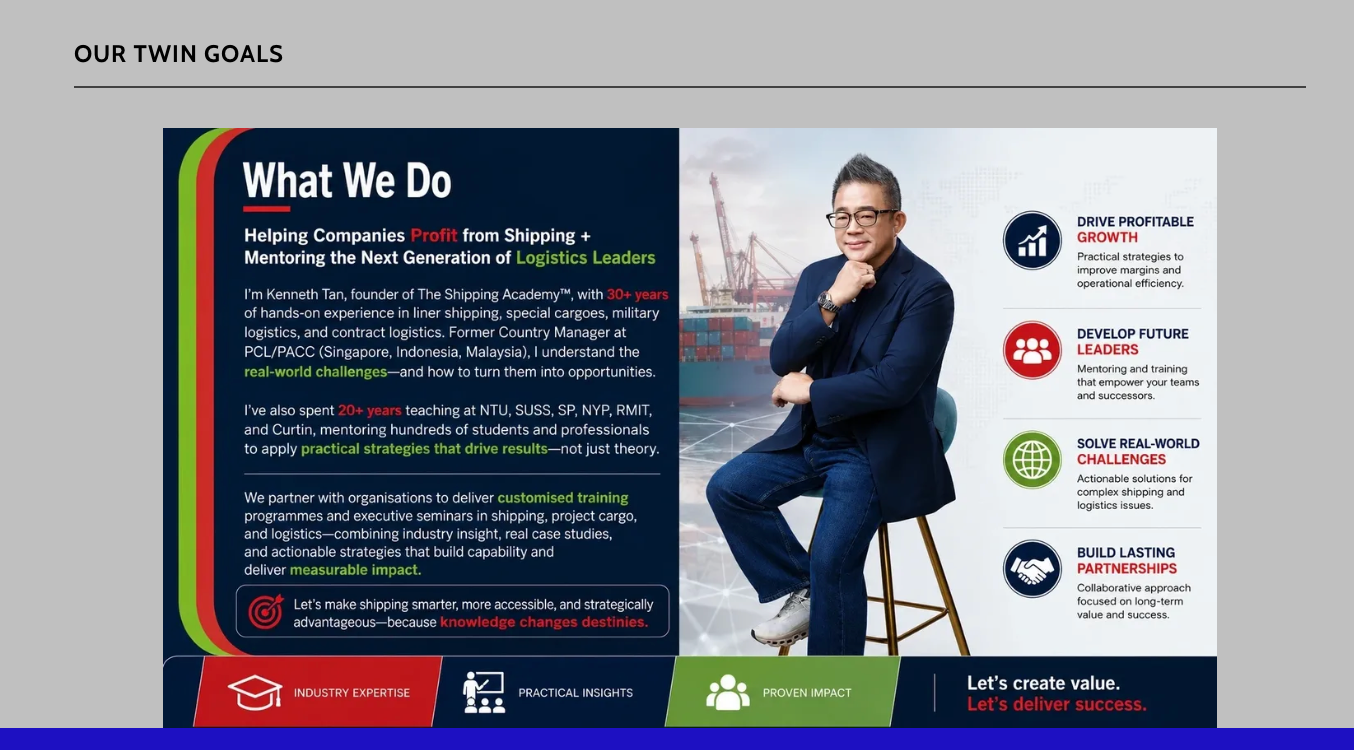 TSA Twin Goals — What We Do infographic showing Kenneth Tan's approach to helping companies profit from shipping and mentoring the next generation of logistics leaders